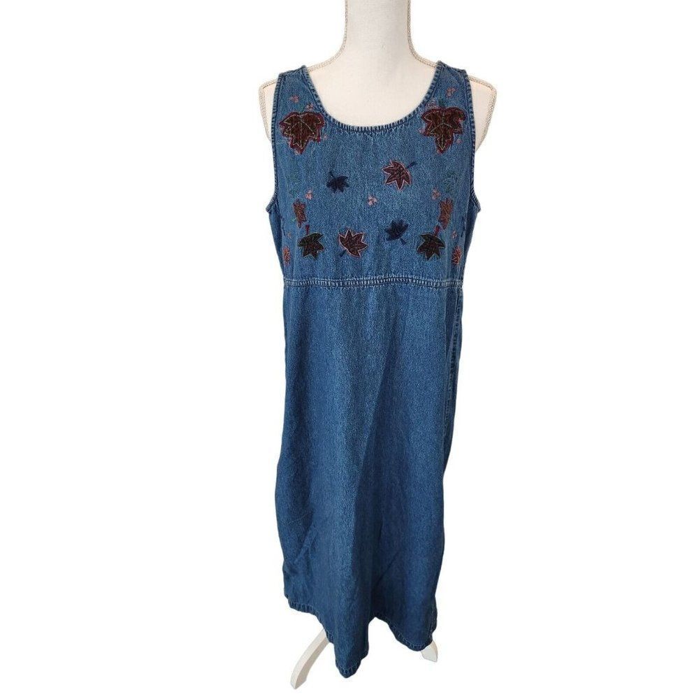Vintage 80s Blue Demin Sleeveless Floral Embroidered Maxi Dress Jumper Modest